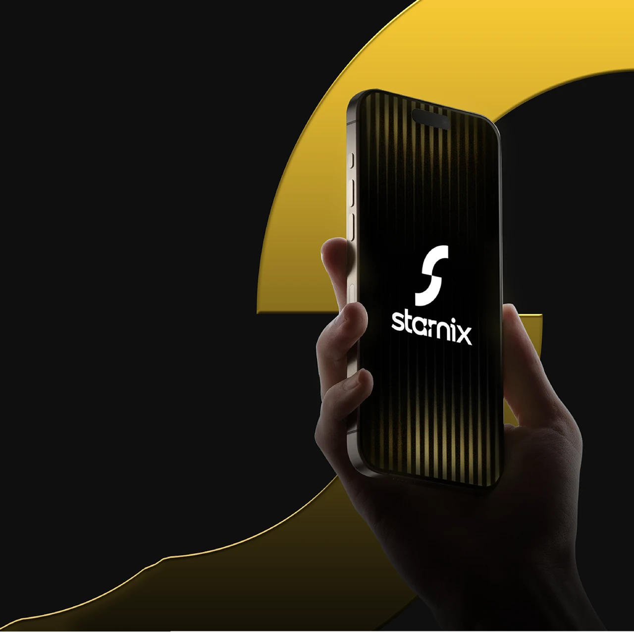 A hand holding a phone displaying the Starnix logo