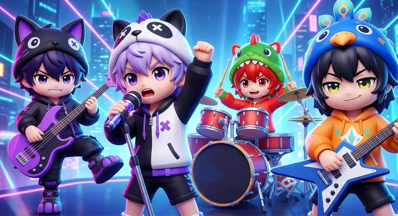 Four stylized musicians performing in a neon city